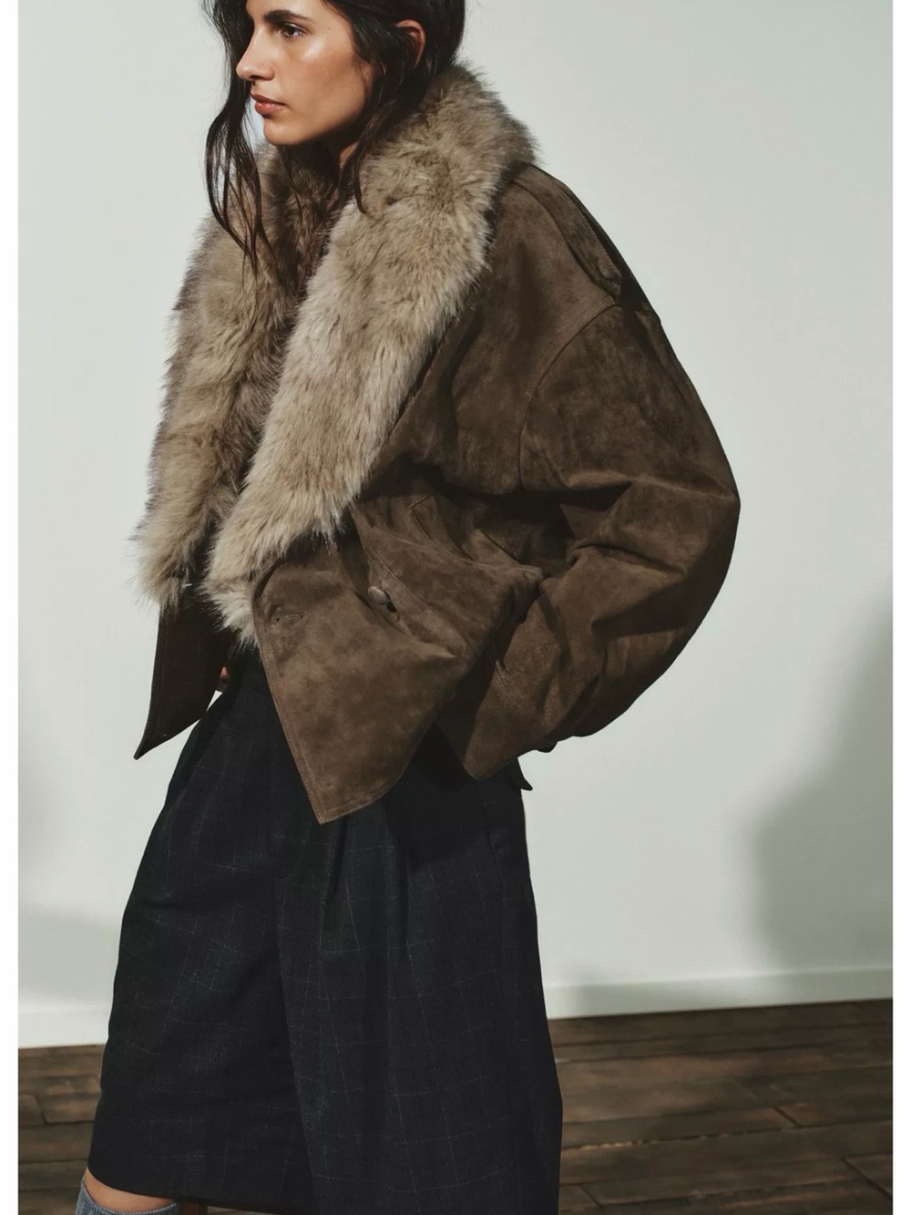 NWT Zara Collection Khaki Brown 100% Sheepskin Suede leather Jacket w Fur Collar
